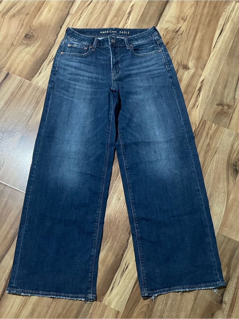 AE Low Rise Baggy Wide Leg Dreamy Drape Stretch Denim Jeans Raw Hem Sz 2